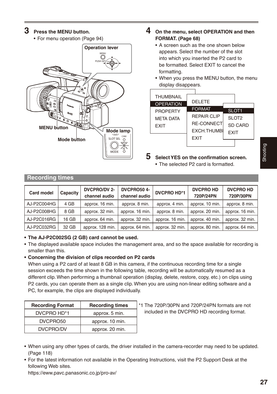 Recording times | Panasonic AG-HPX170P User Manual | Page 27 / 128