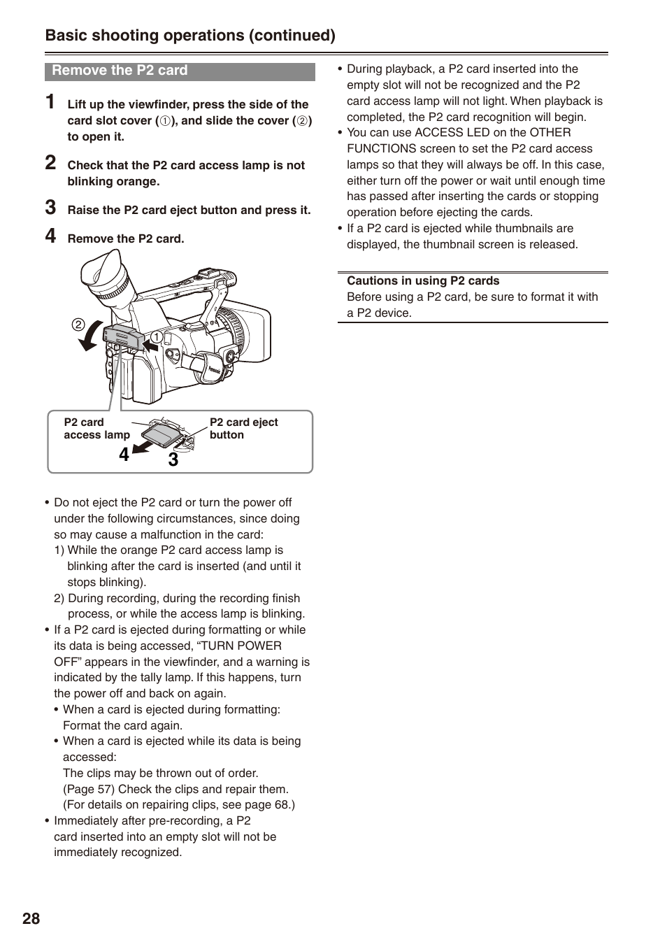 Remove the p2 card | Panasonic AG-HPX170P User Manual | Page 28 / 128