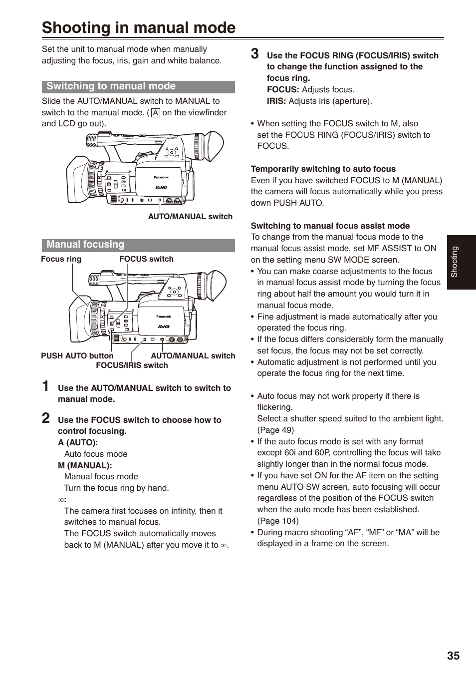 Shooting in manual mode, Switching to manual mode, Manual focusing | Switching to manual mode manual focusing | Panasonic AG-HPX170P User Manual | Page 35 / 128