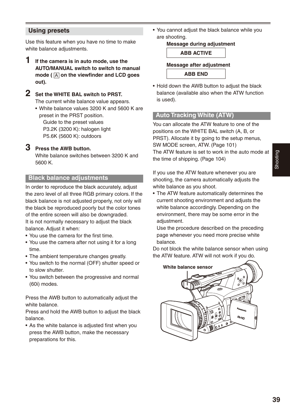 Black balance adjustments, Auto tracking white (atw) | Panasonic AG-HPX170P User Manual | Page 39 / 128