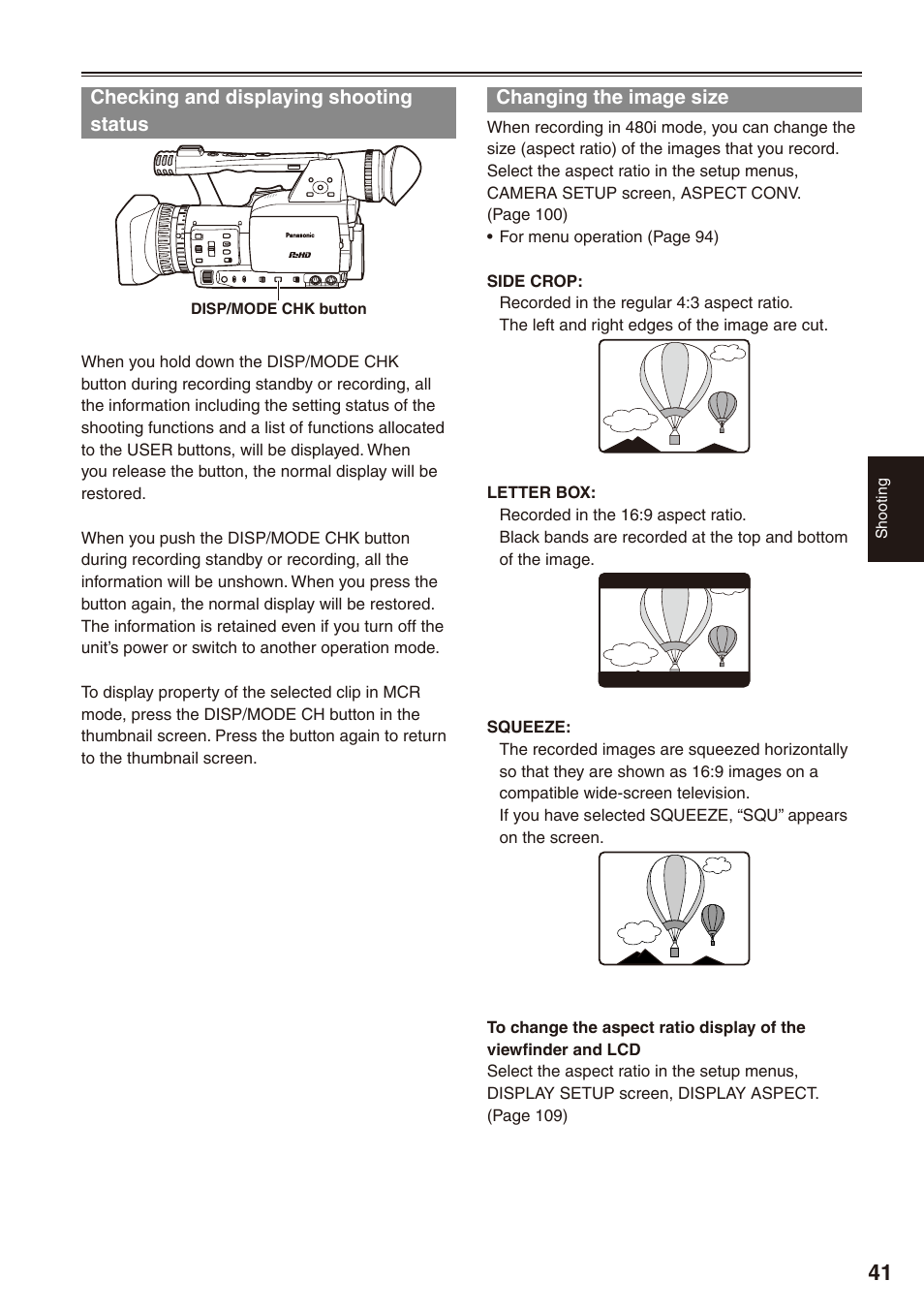 Checking and displaying shooting status, Changing the image size | Panasonic AG-HPX170P User Manual | Page 41 / 128