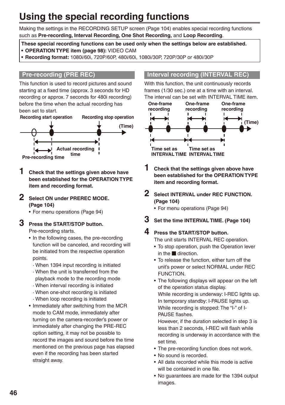 Using the special recording functions, Pre-recording (pre rec), Interval recording (interval rec) | Panasonic AG-HPX170P User Manual | Page 46 / 128
