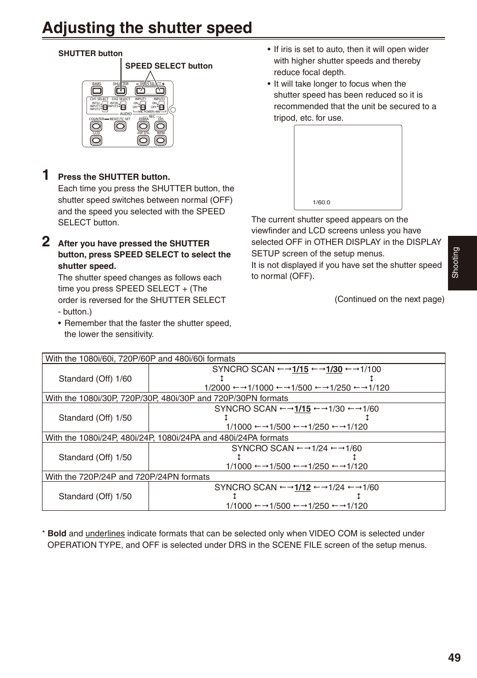 Adjusting the shutter speed | Panasonic AG-HPX170P User Manual | Page 49 / 128