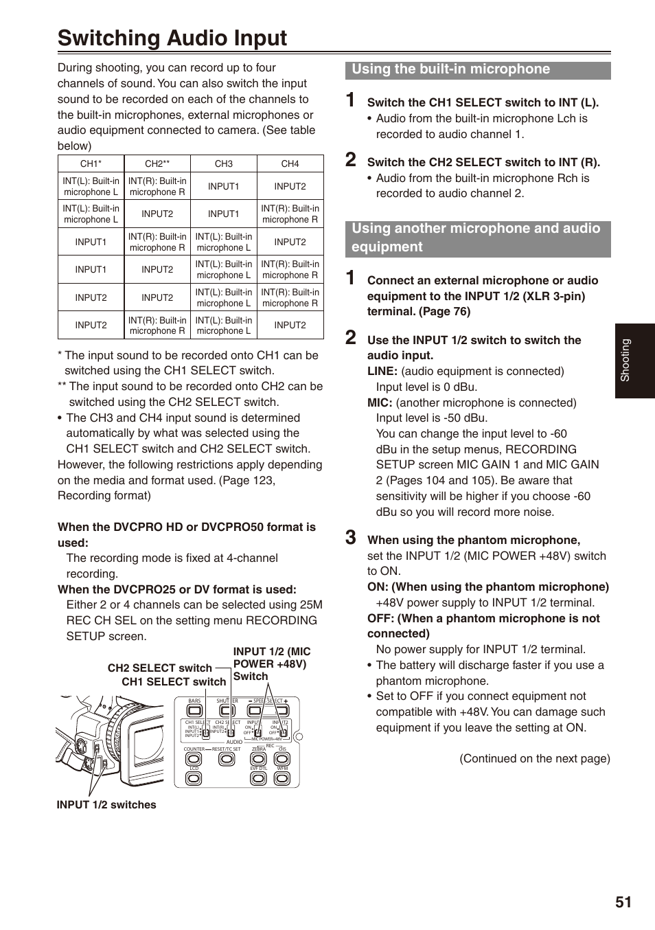 Switching audio input, Using the built-in microphone, Using another microphone and audio equipment | Audio equipment | Panasonic AG-HPX170P User Manual | Page 51 / 128