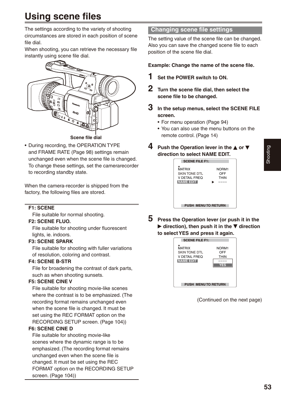 Using scene files, Changing scene file settings | Panasonic AG-HPX170P User Manual | Page 53 / 128