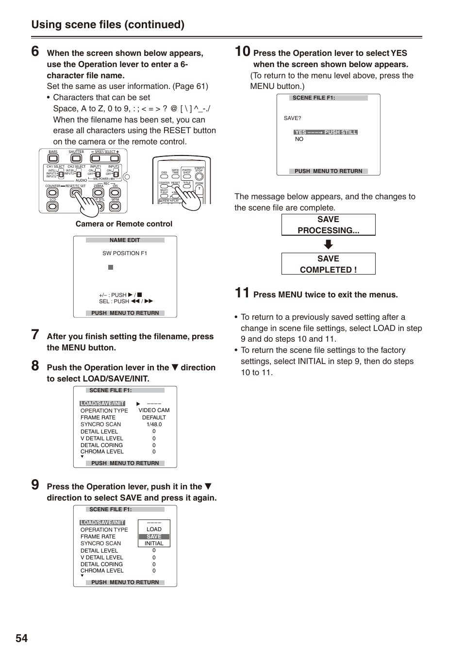 Using scene files (continued), Save completed, Camera or remote control | Panasonic AG-HPX170P User Manual | Page 54 / 128