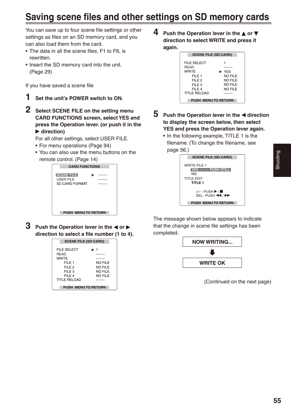 Saving scene files and other settings on, Sd memory cards | Panasonic AG-HPX170P User Manual | Page 55 / 128