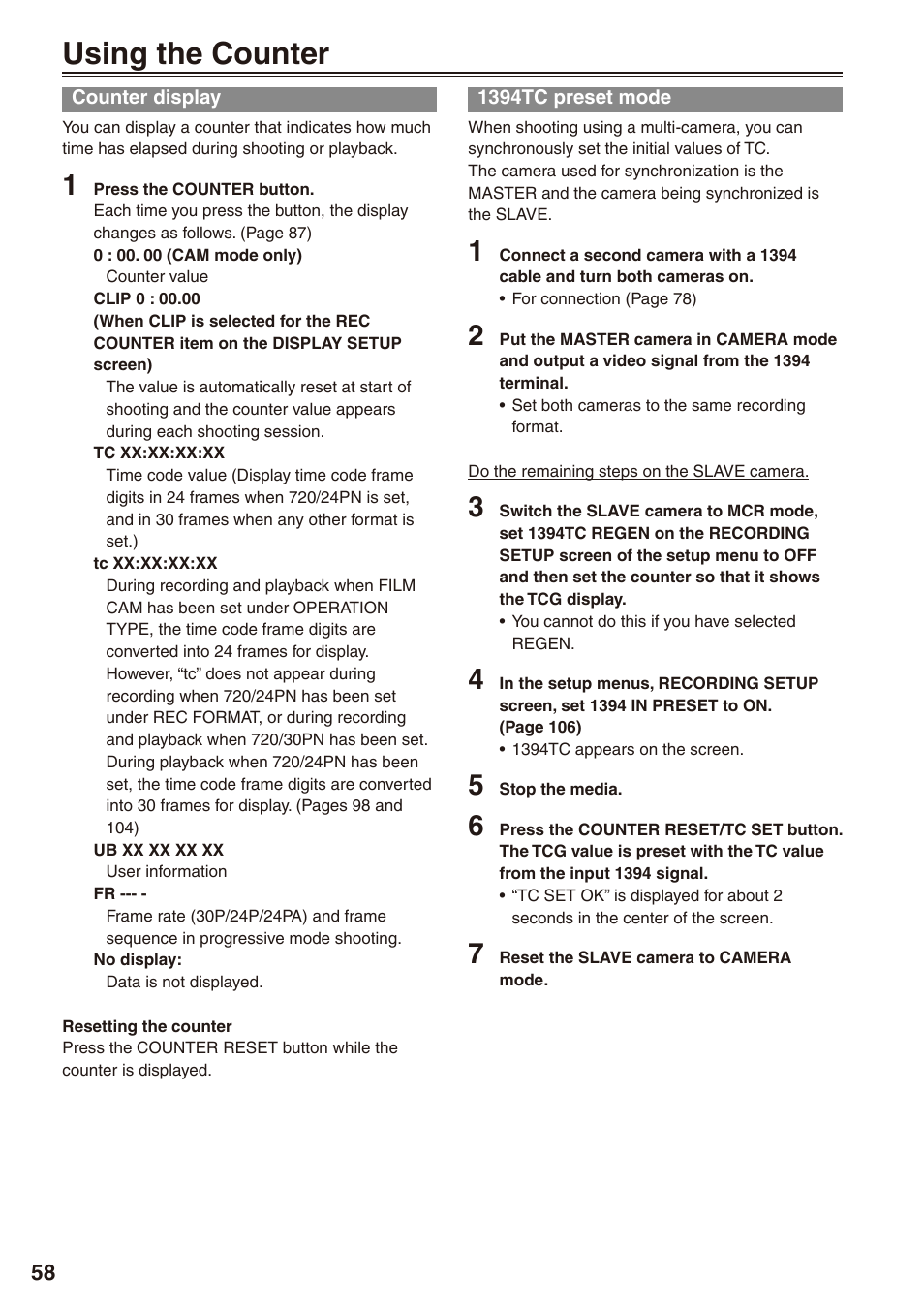 Using the counter, Counter display, 1394tc preset mode | Counter display 1394tc preset mode | Panasonic AG-HPX170P User Manual | Page 58 / 128