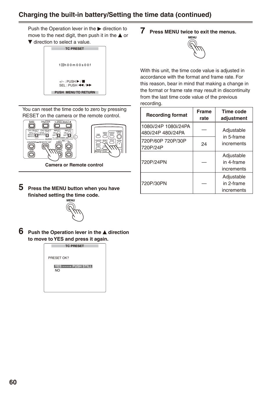 Press menu twice to exit the menus, Camera or remote control | Panasonic AG-HPX170P User Manual | Page 60 / 128