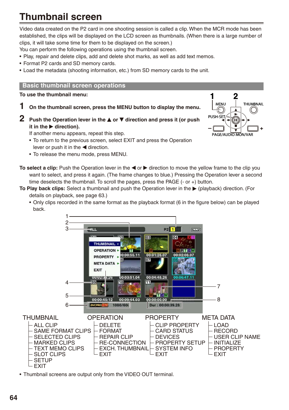 Thumbnail screen, Basic thumbnail screen operations | Panasonic AG-HPX170P User Manual | Page 64 / 128