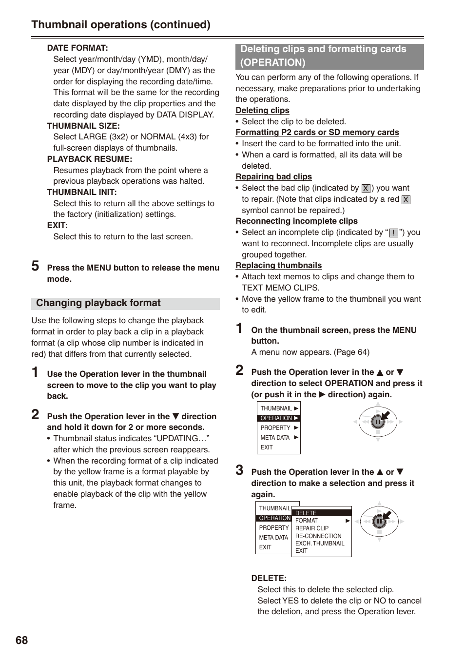 Deleting clips and formatting cards (operation), Deleting clips and formatting cards, Operation) | Thumbnail operations (continued) | Panasonic AG-HPX170P User Manual | Page 68 / 128