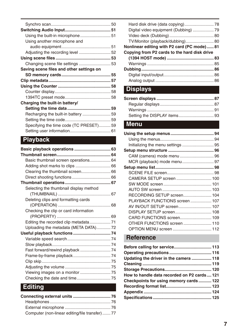 Playback, Editing, Displays | Menu, Reference | Panasonic AG-HPX170P User Manual | Page 7 / 128