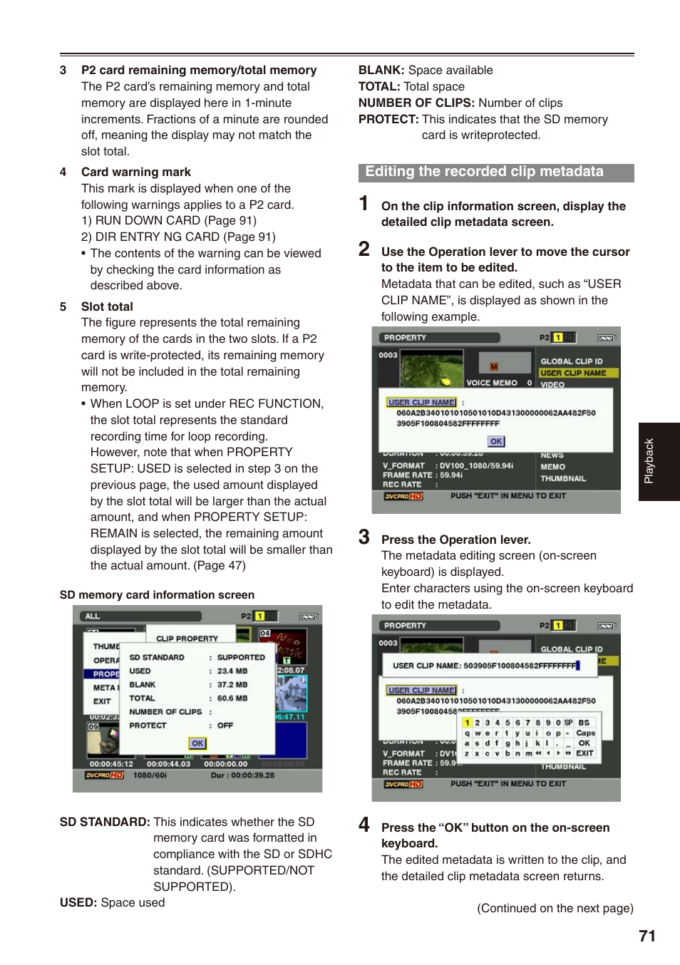 Editing the recorded clip metadata | Panasonic AG-HPX170P User Manual | Page 71 / 128
