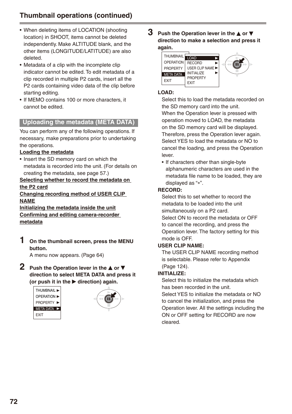 Uploading the metadata (meta data), 7 thumbnail operations (continued) | Panasonic AG-HPX170P User Manual | Page 72 / 128