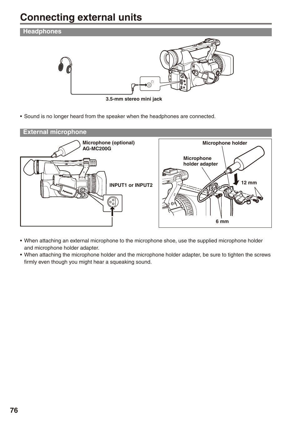 Editing, Connecting external units, Headphones | External microphone, Headphones external microphone | Panasonic AG-HPX170P User Manual | Page 76 / 128