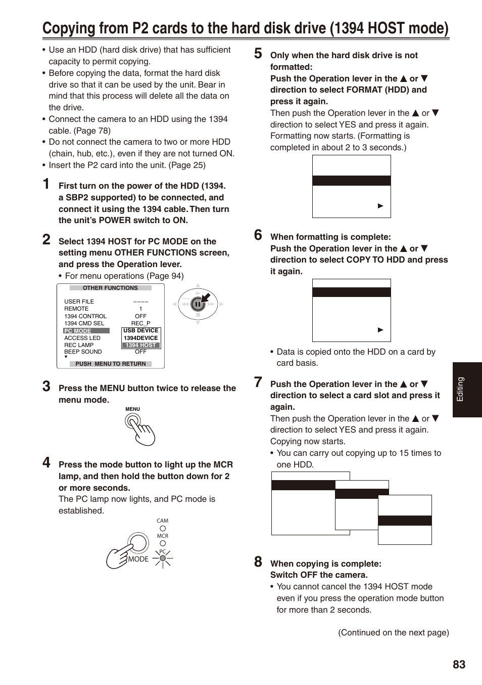 Copying from p cards to the hard disk drive, 19 host mode) | Panasonic AG-HPX170P User Manual | Page 83 / 128