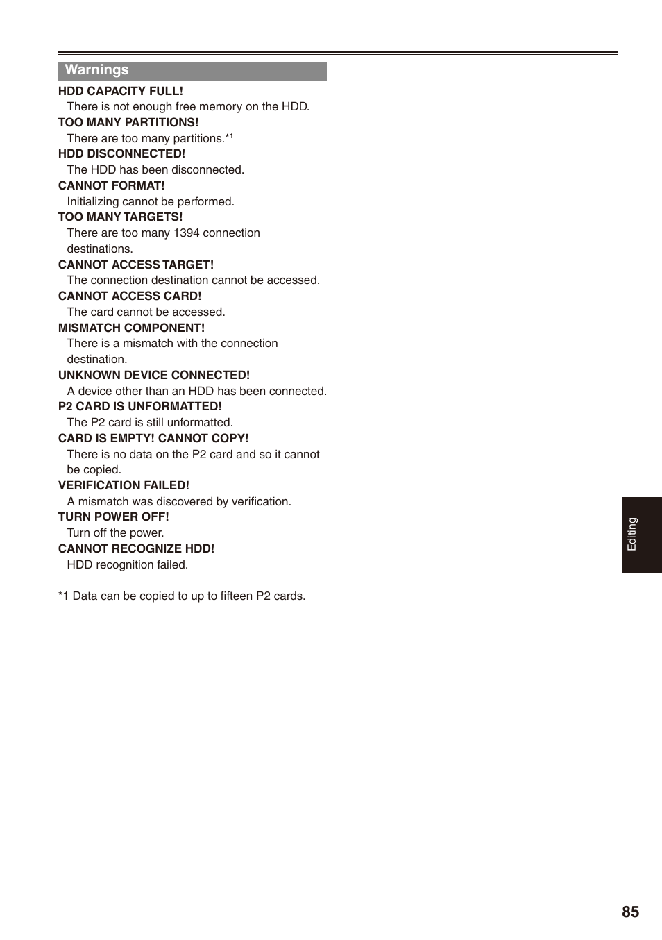 Warnings | Panasonic AG-HPX170P User Manual | Page 85 / 128