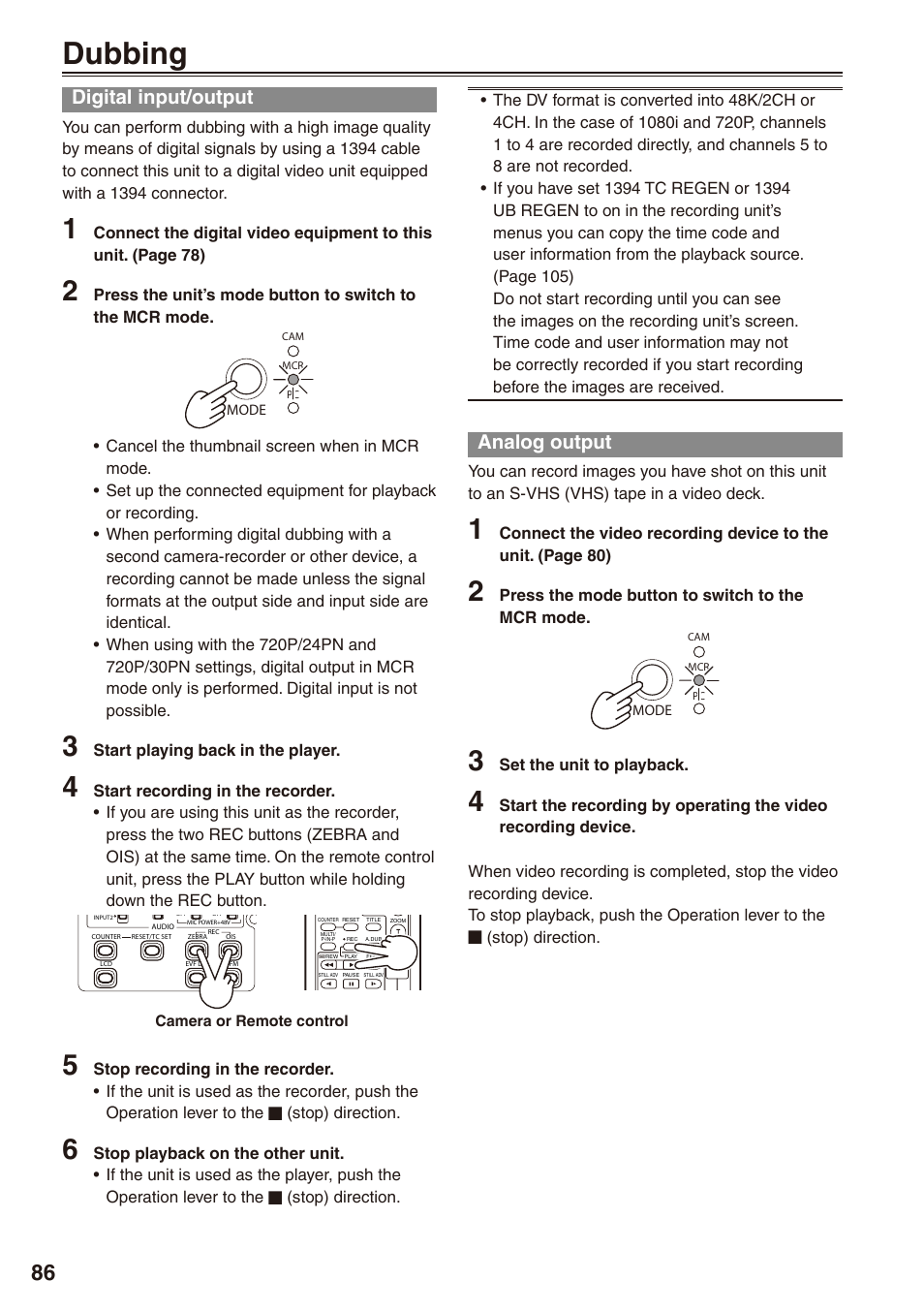 Dubbing, Digital input/output, Analog output | Digital input/output analog output | Panasonic AG-HPX170P User Manual | Page 86 / 128