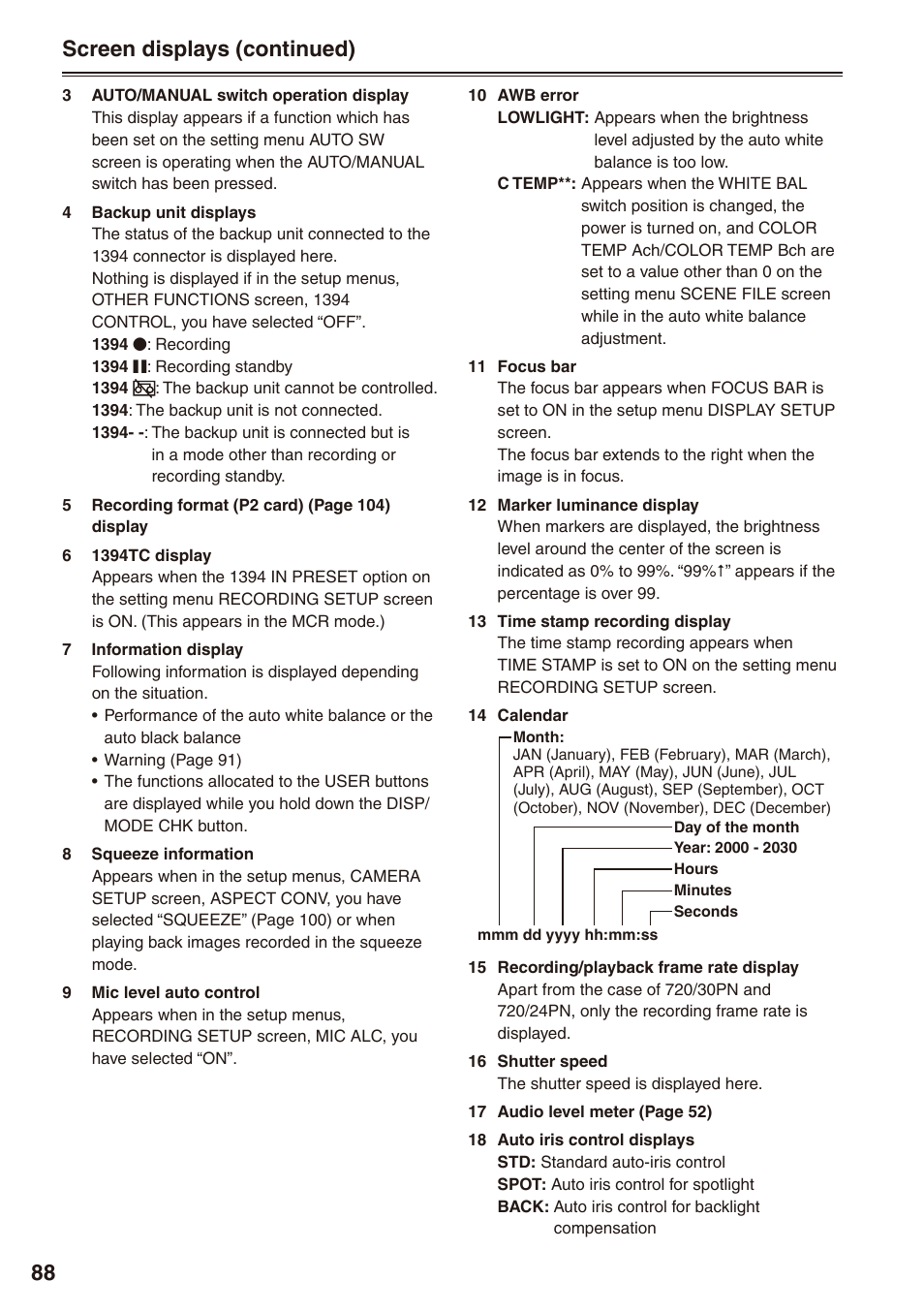 Screen displays (continued) | Panasonic AG-HPX170P User Manual | Page 88 / 128