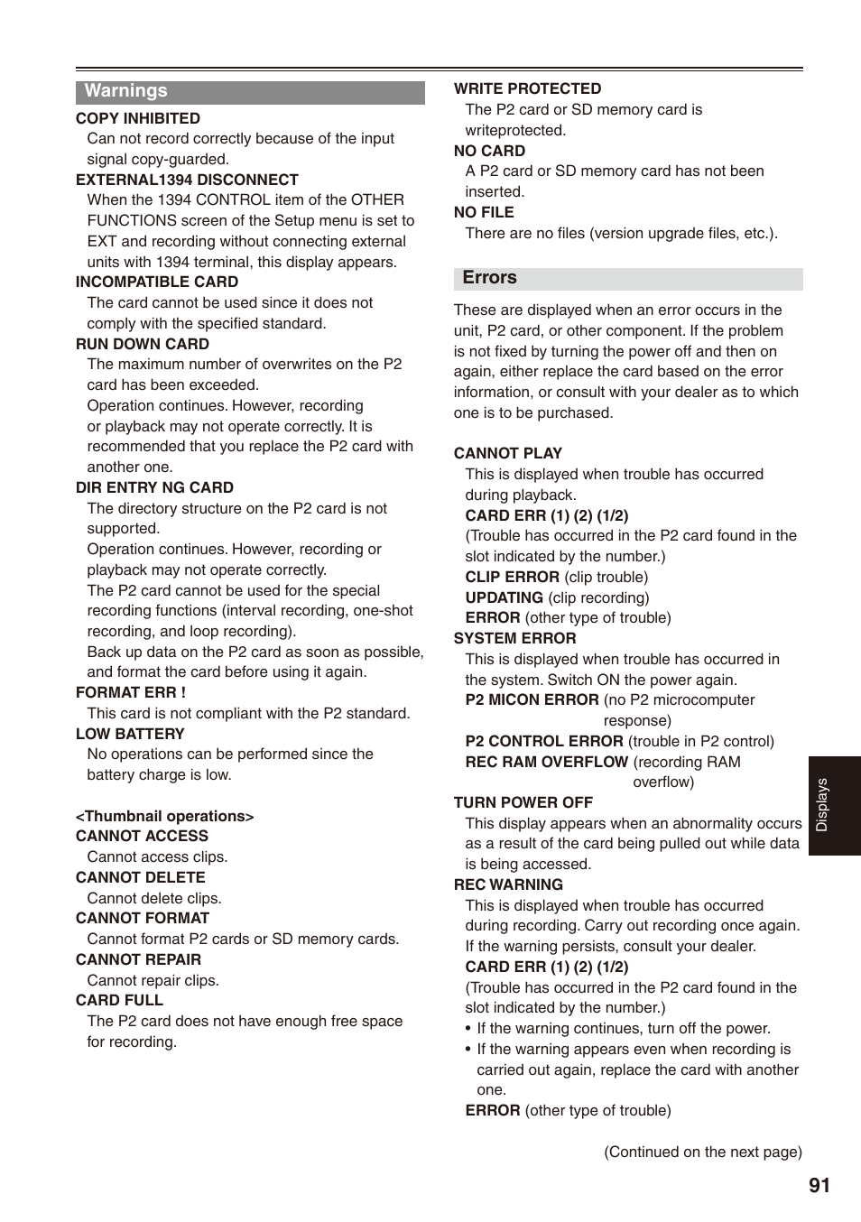 Warnings | Panasonic AG-HPX170P User Manual | Page 91 / 128