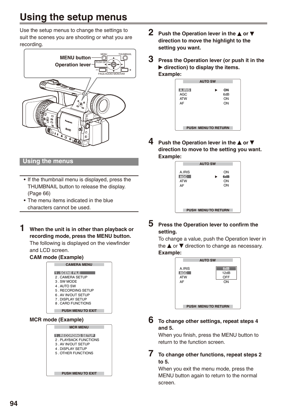 Menu, Using the setup menus, Using the menus | Panasonic AG-HPX170P User Manual | Page 94 / 128