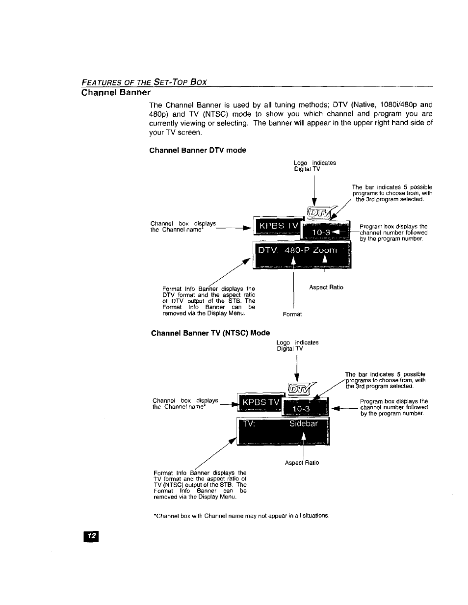 Channel banner dtv mode, Channel banner tv (ntsc) mode, Channel banner | Panasonic TU-DST51 User Manual | Page 13 / 65