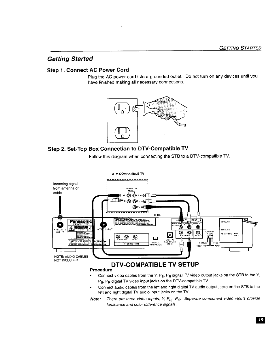 Getting started, Step 1. connect ac power cord | Panasonic TU-DST51 User Manual | Page 20 / 65