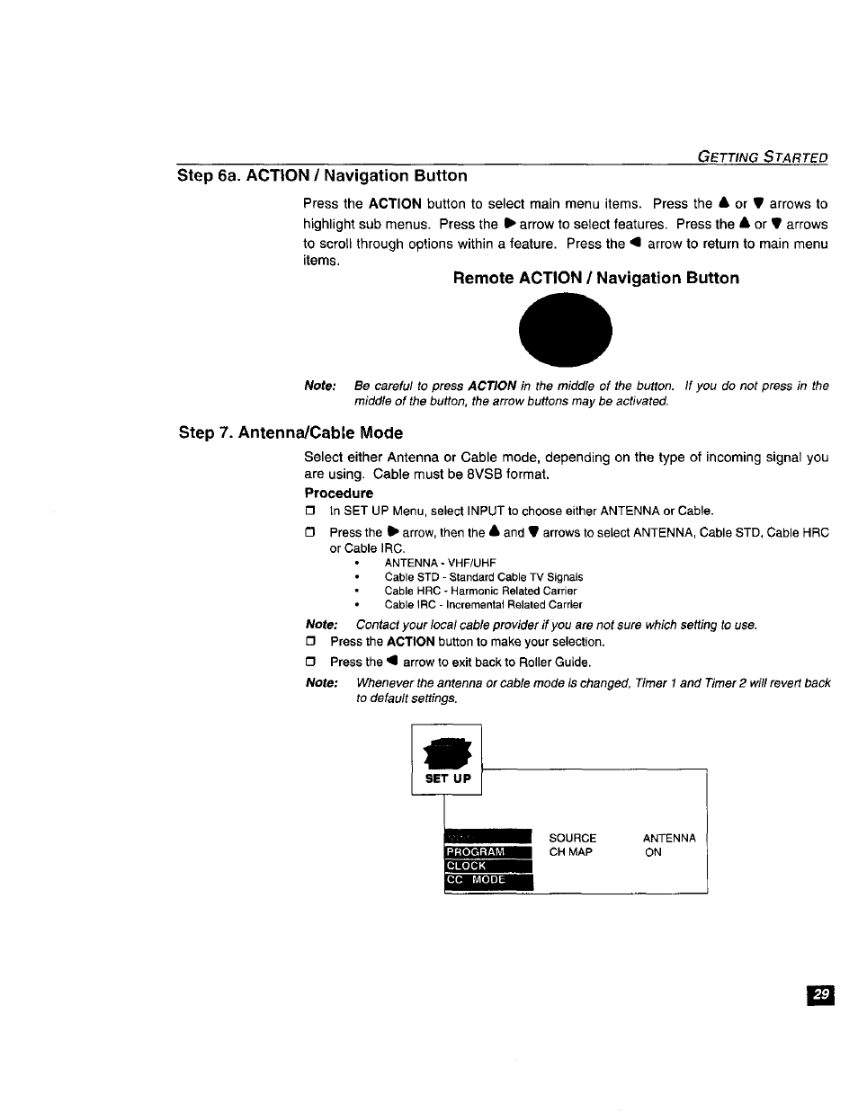 Step 6a. action / navigation button, Remote action / navigation button, Step 7. antenna/cabte mode | Panasonic TU-DST51 User Manual | Page 30 / 65