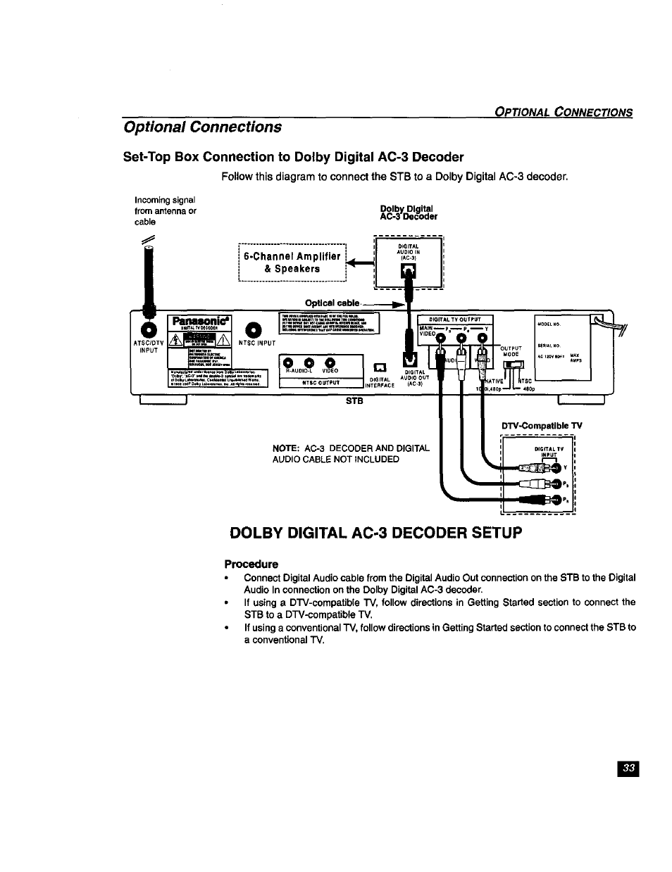 Procedure, Optional connections, Dolby digital ac-3 decoder setup | Panasonic TU-DST51 User Manual | Page 34 / 65