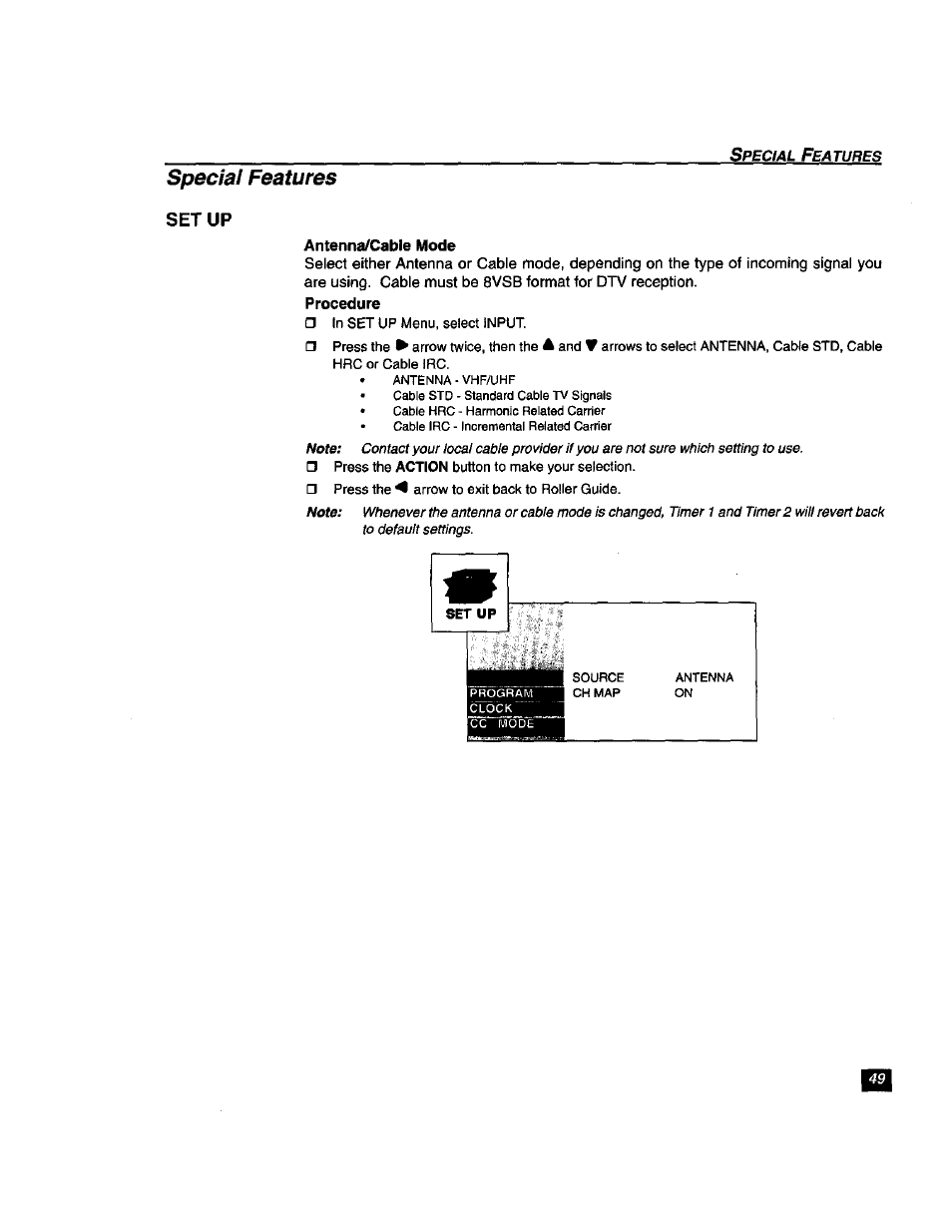 Antenna/cable mode, Special features, Setup | Panasonic TU-DST51 User Manual | Page 50 / 65
