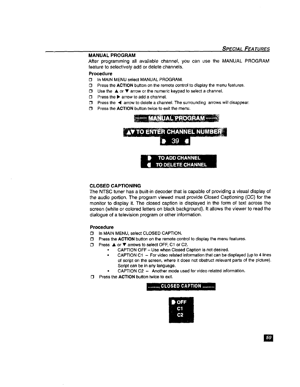 Manual program, To ado channel i to delete channel, Closed captioning | Procedure, Closed caption, Icci closed caption, Chant^et numbe b 39 | Panasonic TU-DST51 User Manual | Page 60 / 65