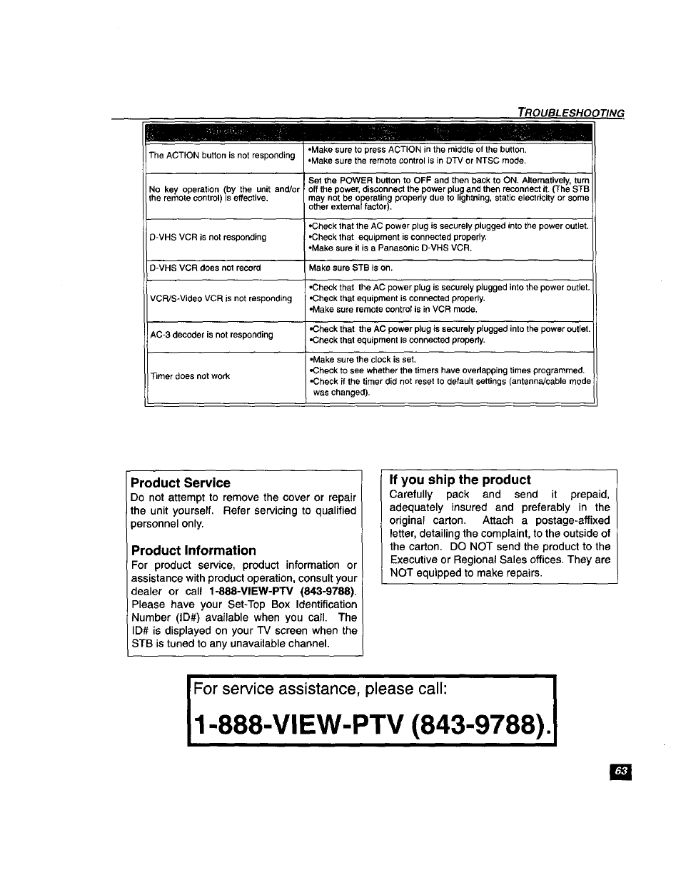 For service assistance, please call, Product service, Product information | If you ship the product | Panasonic TU-DST51 User Manual | Page 64 / 65