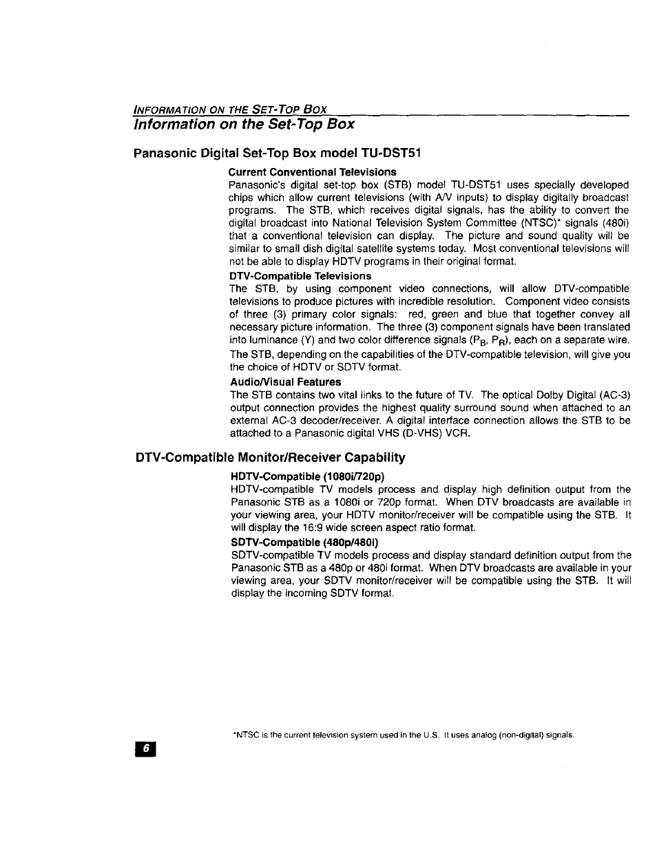 Current conventional televisions, Hdtv-compatible (1080i/720p), Information on the set-top box | Panasonic TU-DST51 User Manual | Page 7 / 65