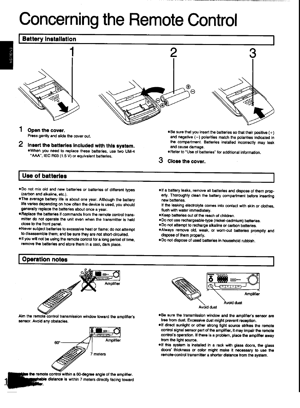 Concerning the remote control, Battery installation, 1 open the cover | 2 insert the batteries included with this system, 3 close the cover, Use of batteries, Operation notes | Panasonic SC-CH31 User Manual | Page 14 / 60