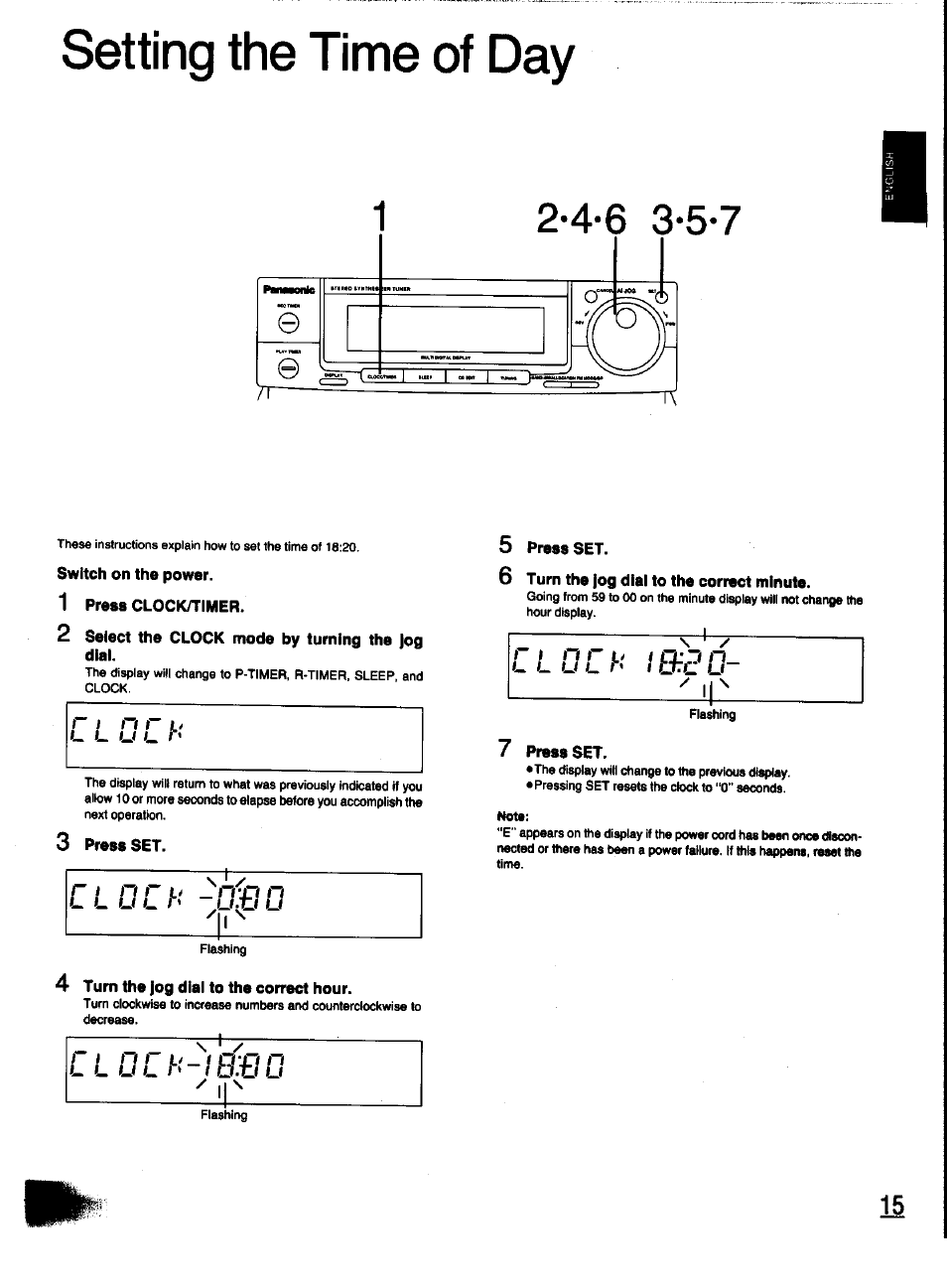 Setting the time of day, Switch on the power, 1 press clockh-imer | 2 select the clock mode by turning the jog dial, 3 press set, 4 turn the jog dial to the correct hour, 5 press set, 6 turn the jog dial to the correct minute, 7 press set, Dial | Panasonic SC-CH31 User Manual | Page 15 / 60
