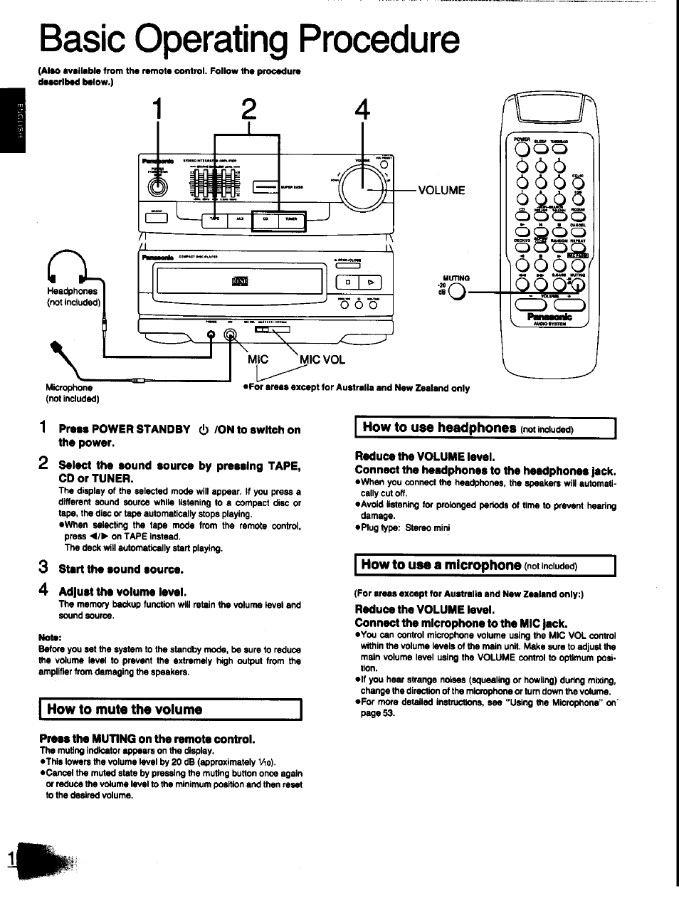 Press power standby cl)/on to switch on the power, Start the sound source, Adjust the volunra level | Reduce the volume level, Connect the headphones to the headphones jack, Connect the microphone to the mic jack, Press the muting on the remote control, Basic operating procedure | Panasonic SC-CH31 User Manual | Page 16 / 60