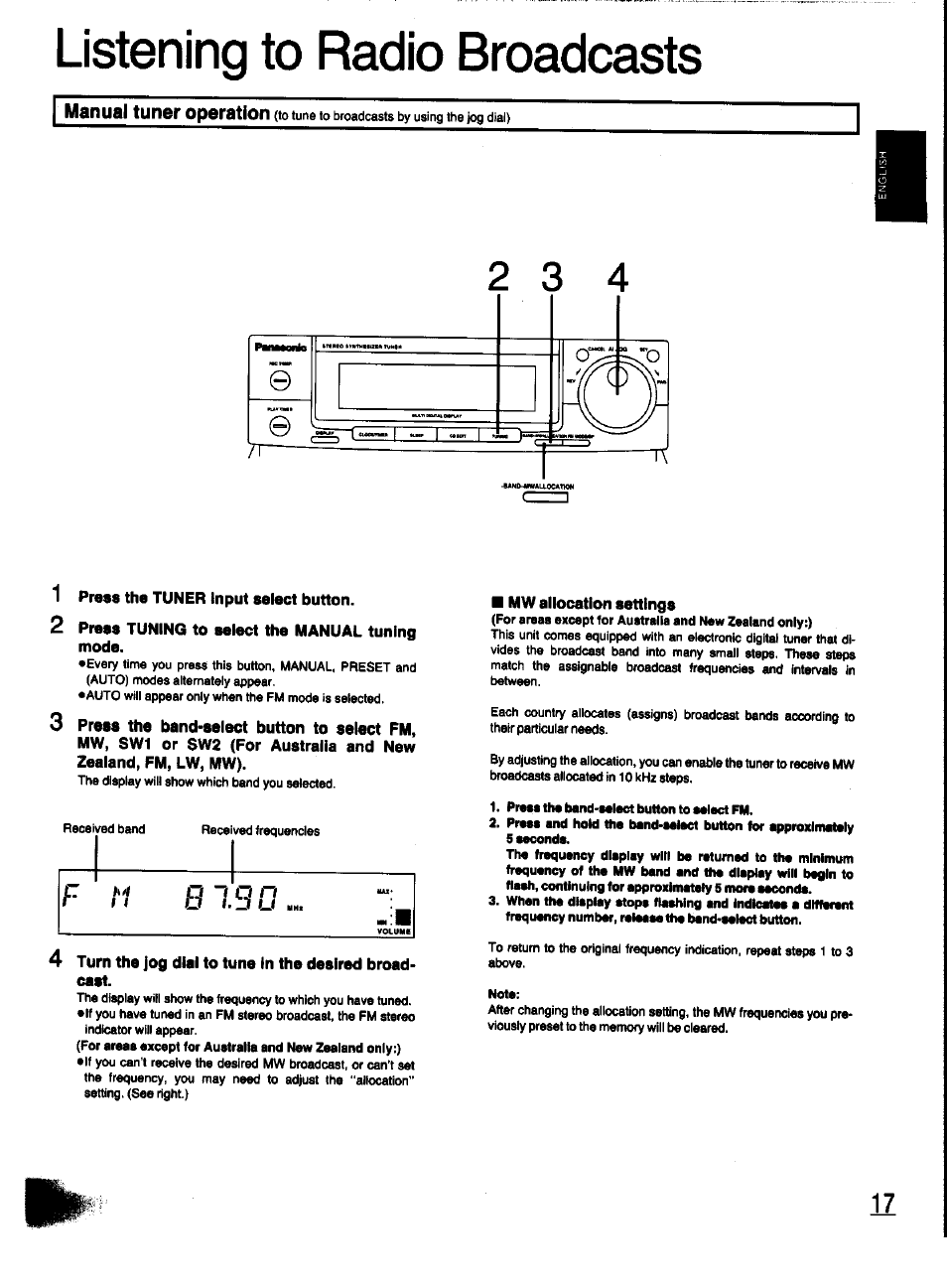 1 press the tuner input select button, 2 press tuning to select the manual tuning mode, Turn the jog dial to tune in the desired broadcast | Mw allocation settings, Listening to radio broadcasts | Panasonic SC-CH31 User Manual | Page 17 / 60