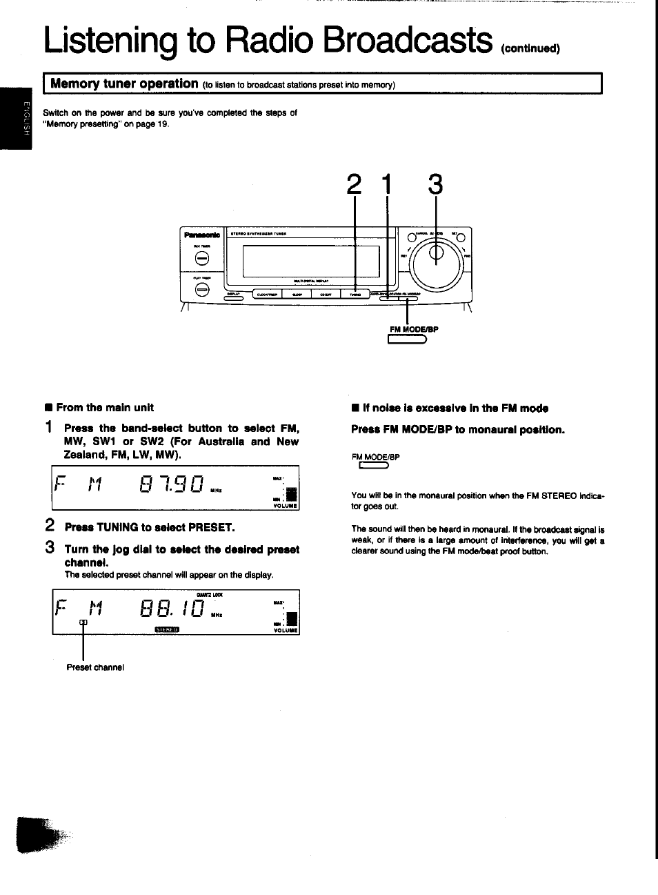 From the main unit, 2 press tuning to select preset, Listening to radio broadcasts | Continued) | Panasonic SC-CH31 User Manual | Page 20 / 60