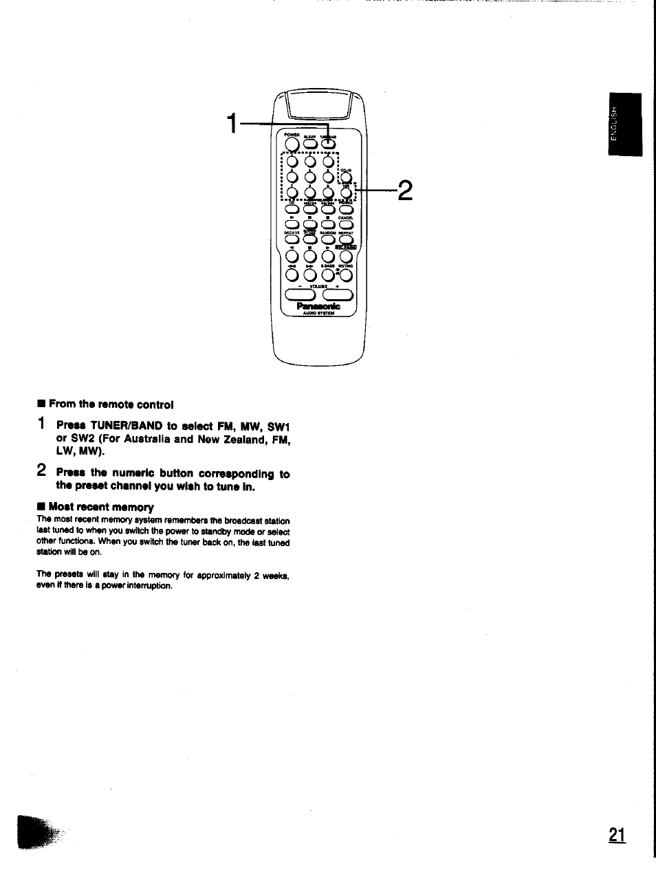 From the remote control, 1 press tuner/band to select fm, mw. sw1, Or sw2 (for australia and new zealand, fm, lw, mw) | Most recent memory, Concerning the remote control | Panasonic SC-CH31 User Manual | Page 21 / 60