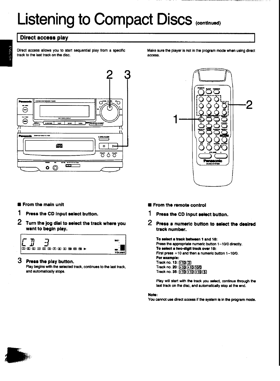 Direct access play, From the main unit, 1 press the cd input seiect button | 3 press the play button, From the remote control, 1 press the cd input select button, Listening to compact discs, Play, Continued) | Panasonic SC-CH31 User Manual | Page 24 / 60