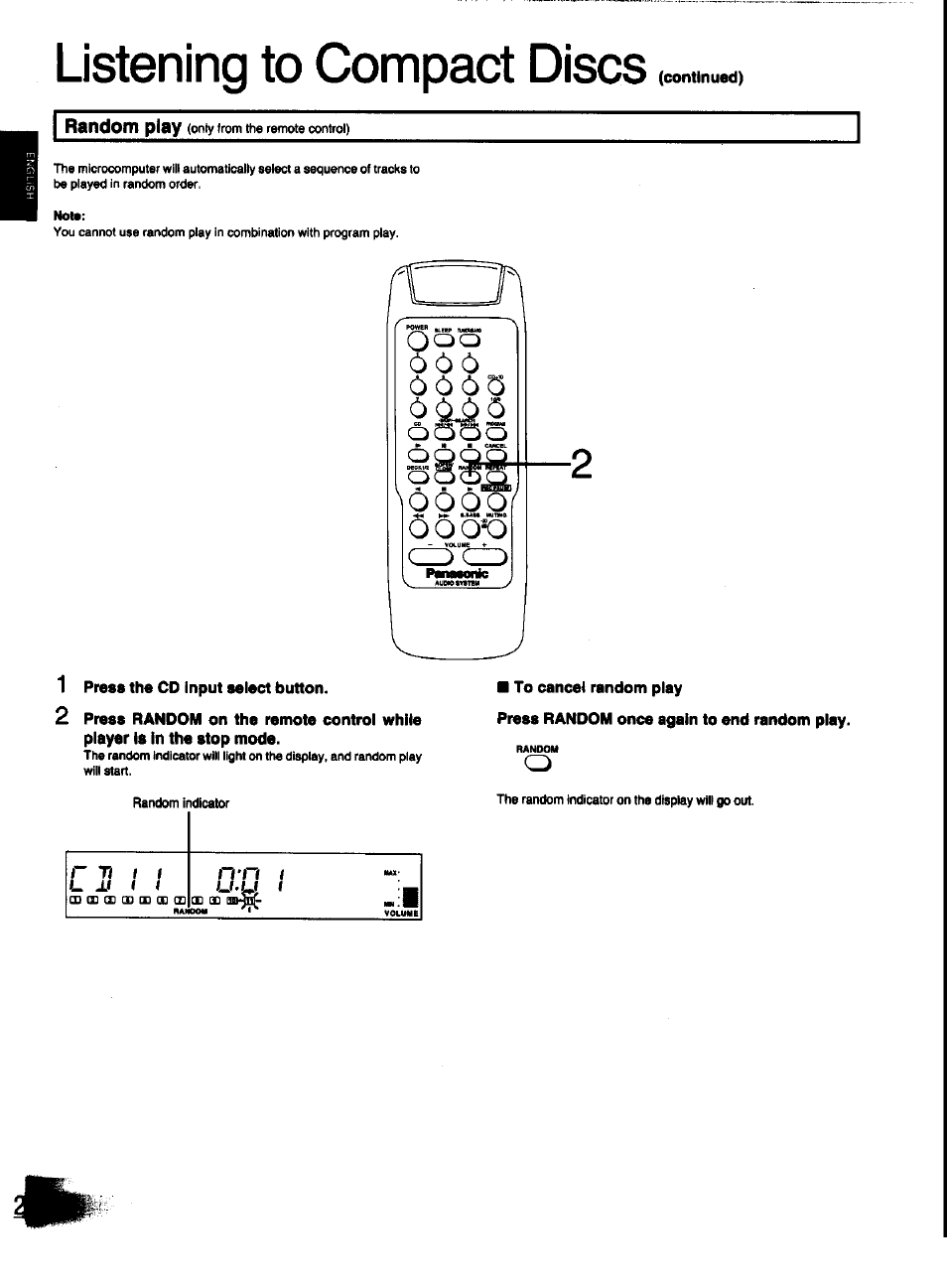 To cancel random play, Press random once again to end random play, Listening to compact discs | Continued) | Panasonic SC-CH31 User Manual | Page 28 / 60