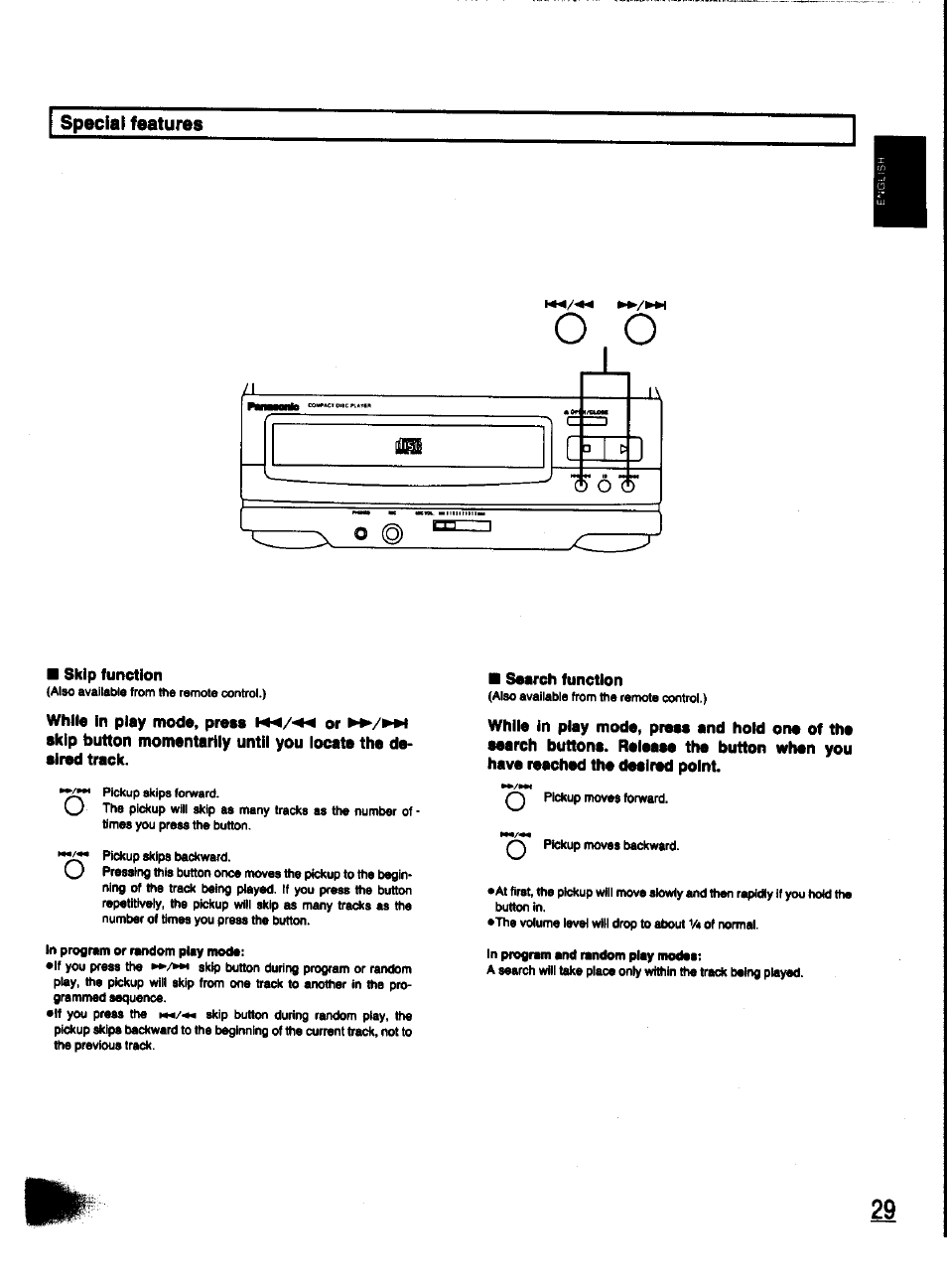 Special features, Skip function, While in play mode, press or | Search function | Panasonic SC-CH31 User Manual | Page 29 / 60