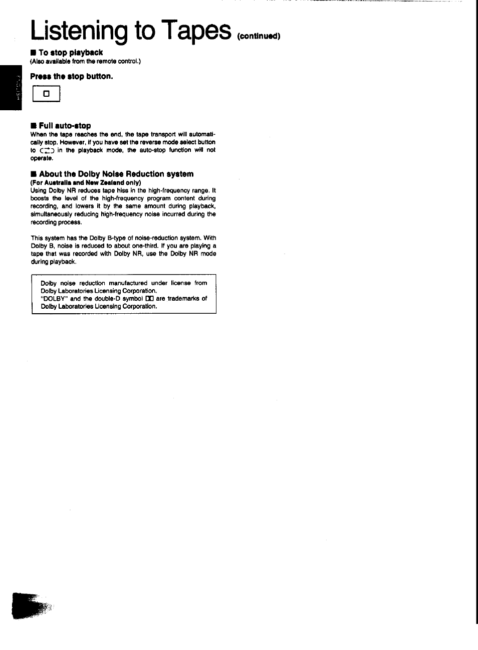 To stop playback, Proas the stop button, Full auto-stop | M about the dolby noise reduction system, Listening to tapes, Continued) | Panasonic SC-CH31 User Manual | Page 32 / 60