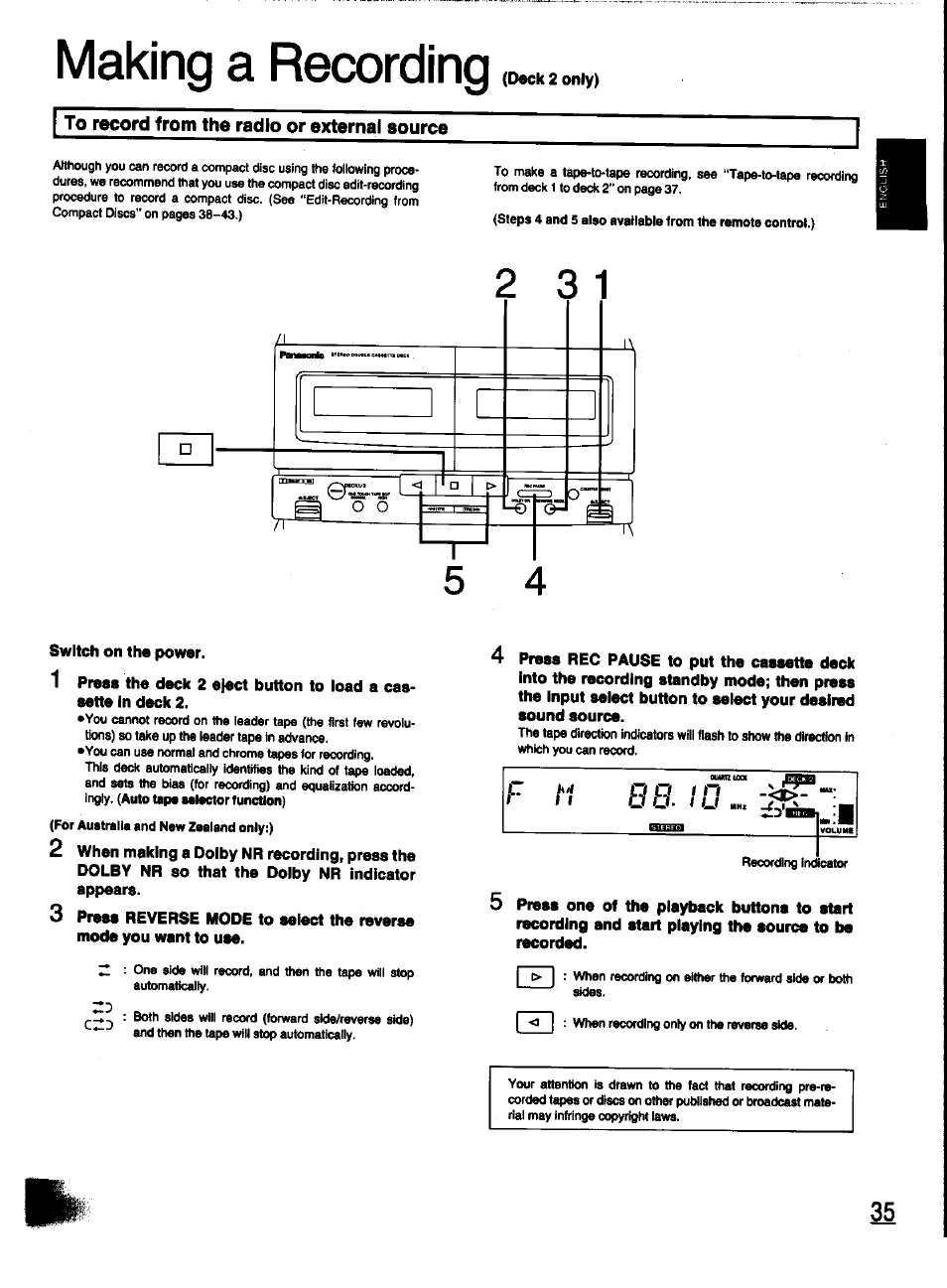 Making a recording, To record from the radio or external source, Zymm | Panasonic SC-CH31 User Manual | Page 35 / 60