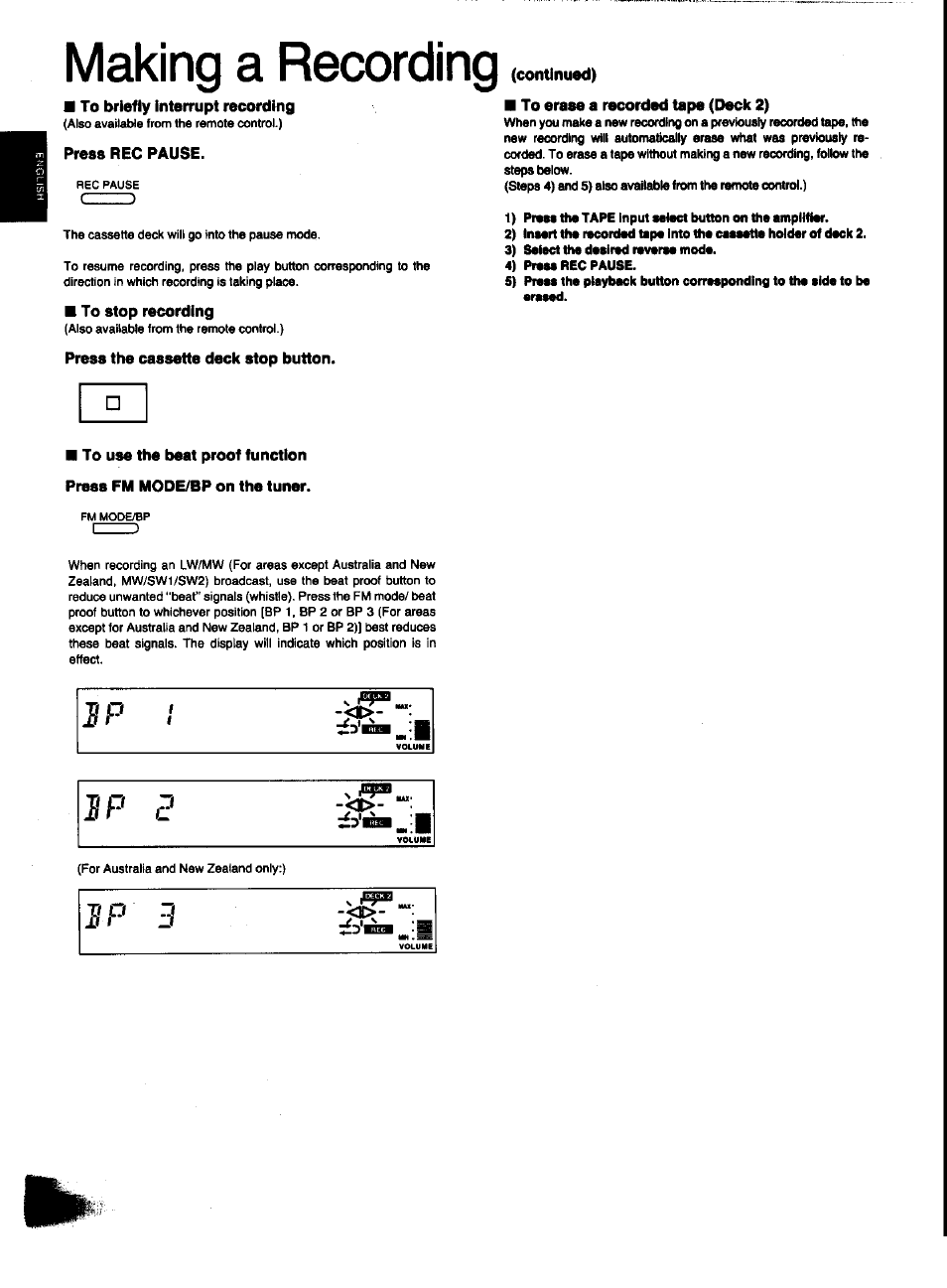 To briefly interrupt recording, Press rec pause, To stop recording | Press the cassette deck stop button, To erase a recorded tape (deck 2), Making a recording, Sp p, Ip 3, Continued) | Panasonic SC-CH31 User Manual | Page 36 / 60