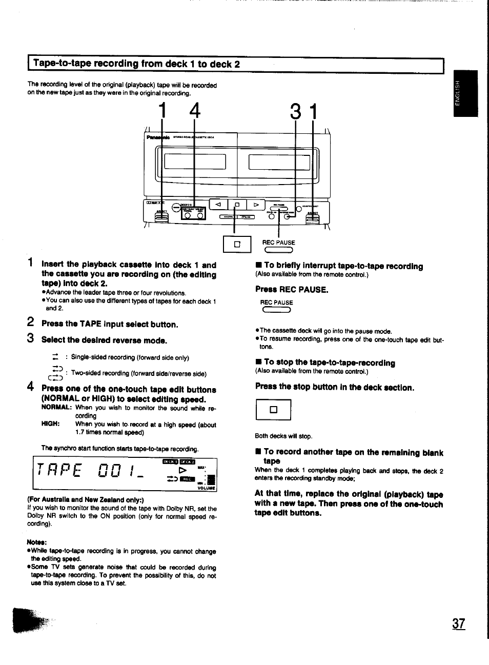 Tape-to-tape recording from deck 1 to deck 2, Press the stop button in the deck section | Panasonic SC-CH31 User Manual | Page 37 / 60