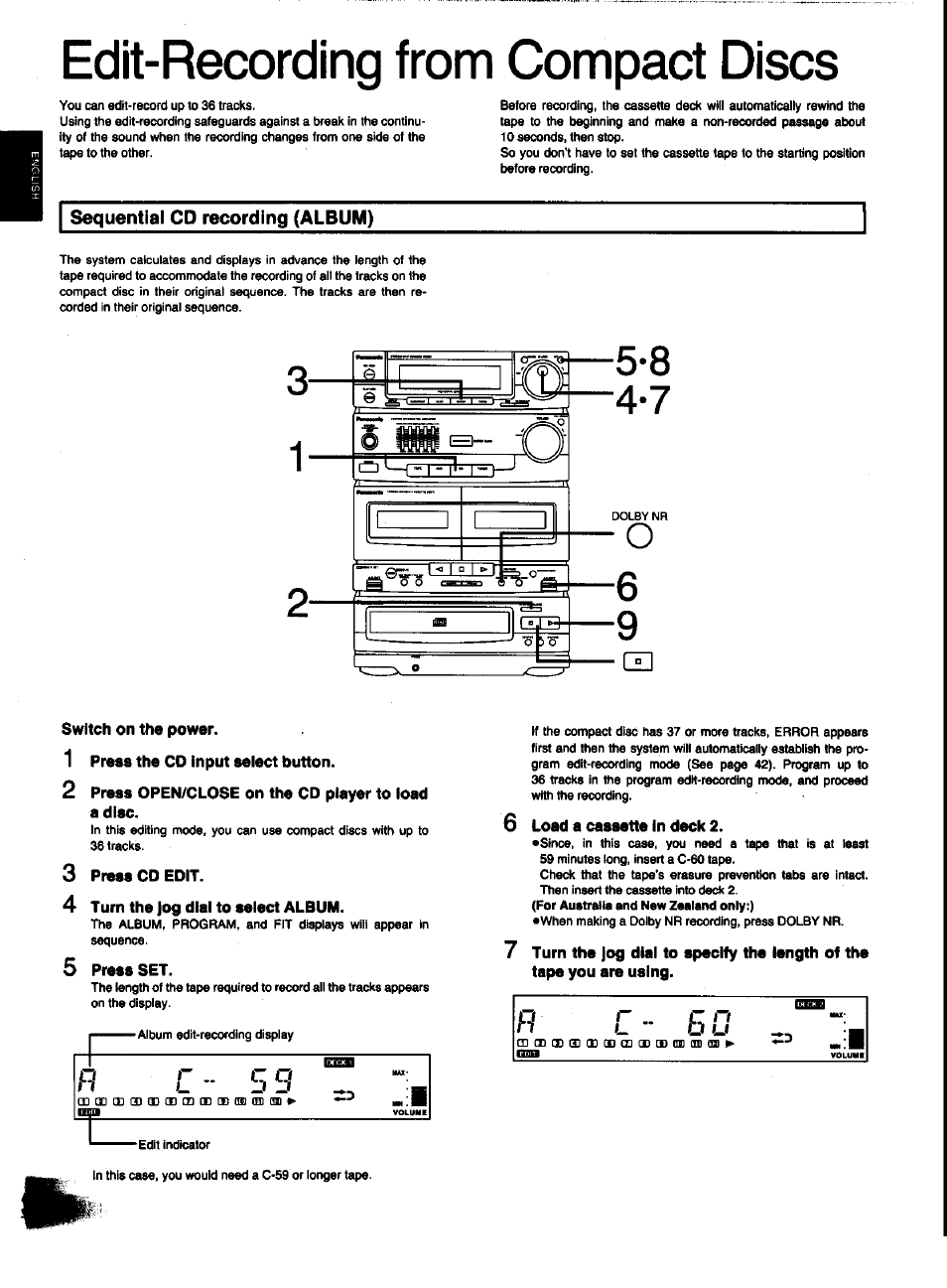 Sequential cd recording (album), Switch on the power, 1 press the cd input seiect button | 2 press open/close on the cd player to load a disc, 3 press cd edit, 4 turn the jog dial to select album, 5 press set, 6 load a cassette in deck 2, Edit-recording from compact discs | Panasonic SC-CH31 User Manual | Page 38 / 60