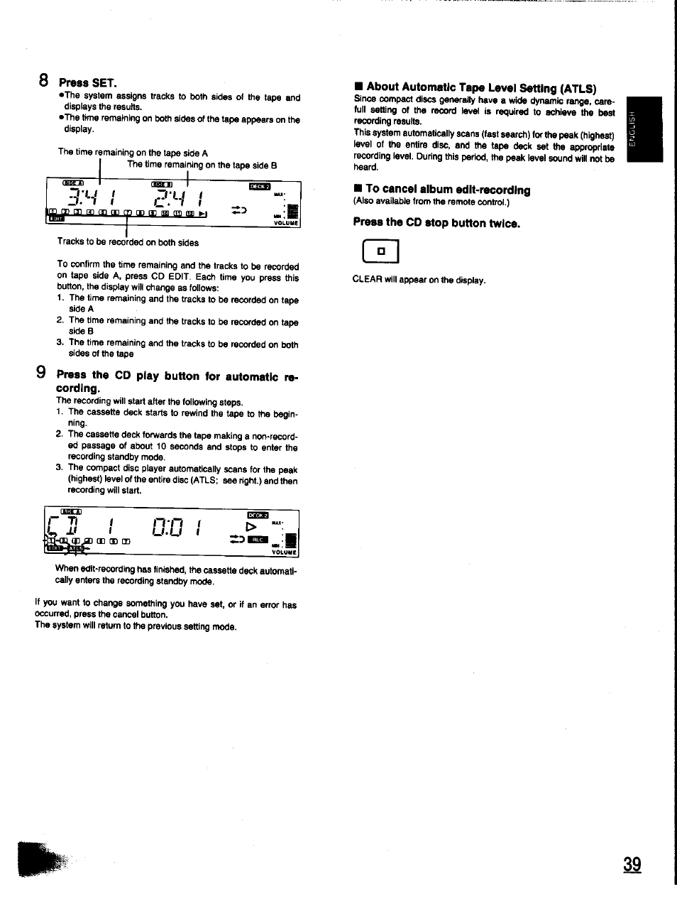 8 press set, Press the cd play button for automatic recording, About automatic tape level setting (atls) | To cancel album edit-recording, Press the cd stop button twice | Panasonic SC-CH31 User Manual | Page 39 / 60