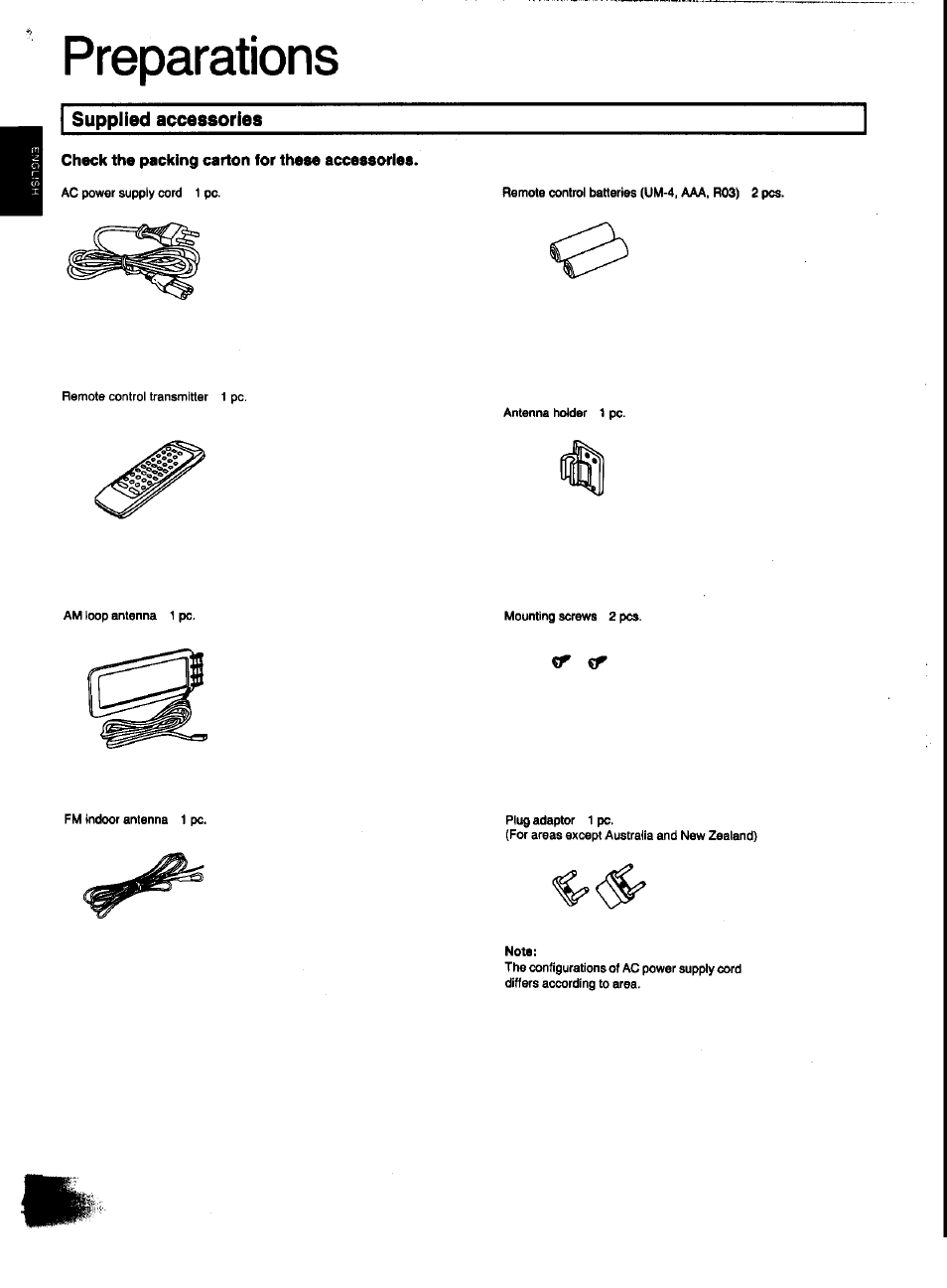 Preparations, Supplied accessories, Check the packing carton for these accessories | Panasonic SC-CH31 User Manual | Page 4 / 60
