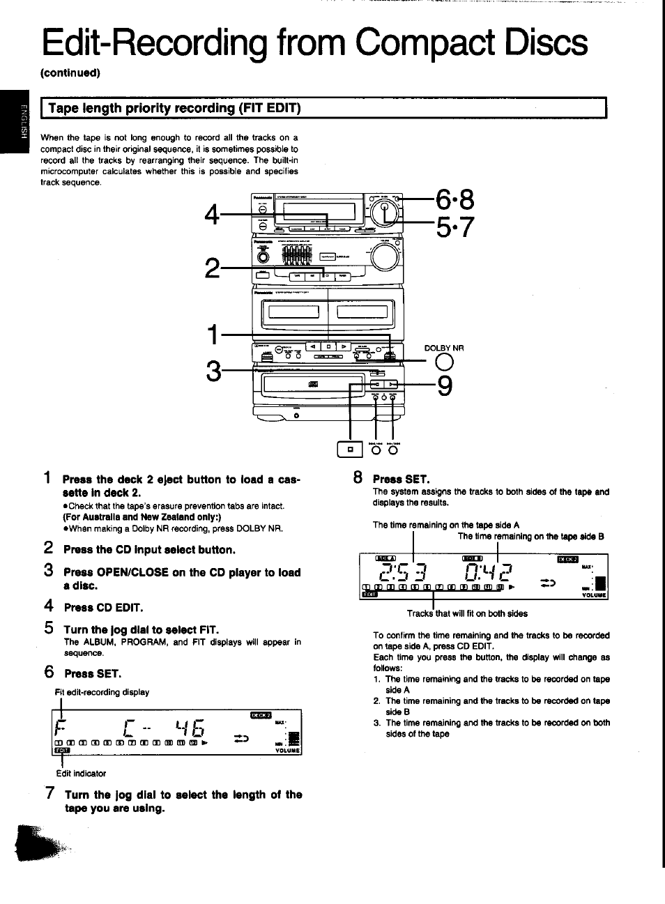 Continued), 2 press the cd input select button, 3 press open/close on the cd player to load a disc | 4 press cd edit, 5 turn the jog dial to select fit, 6 press set, 8 press set, Edit-recording from compact discs | Panasonic SC-CH31 User Manual | Page 40 / 60
